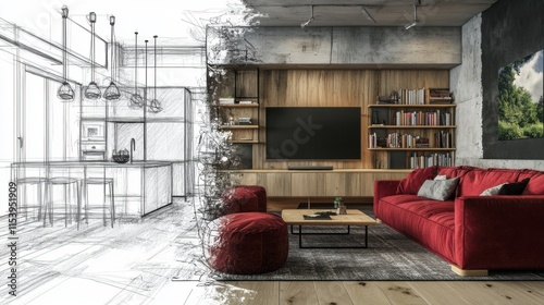 Obraz na płótnie Sala moderna con sofá rojo y estantería w salonie