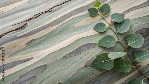 a top-down view of eucalyptus bark, emphasizing its smooth, fibrous texture and striking patterns