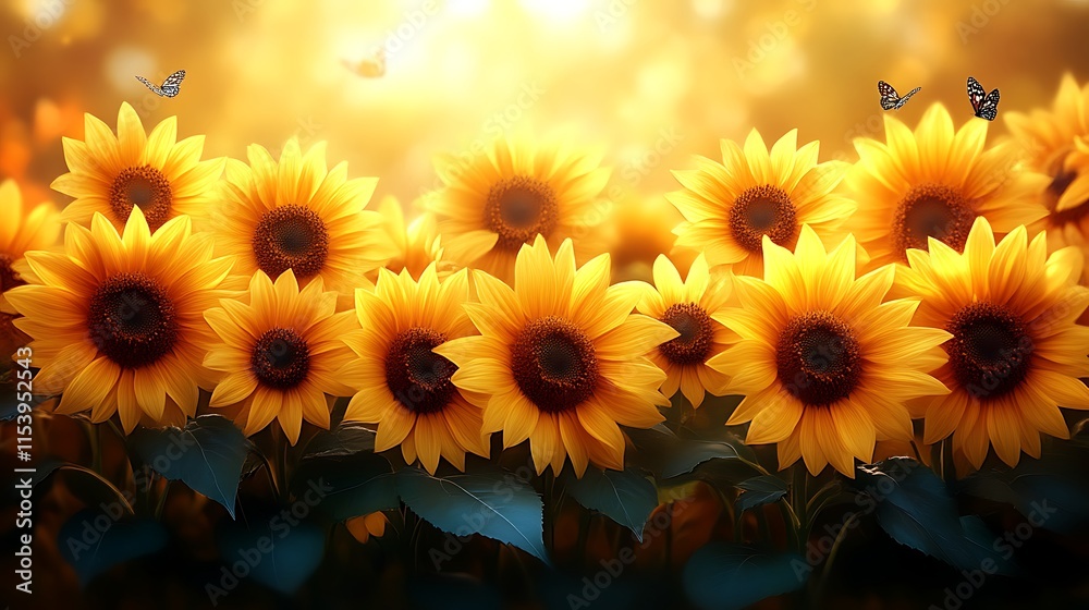 Fototapeta premium Sunlit sunflowers and butterflies.