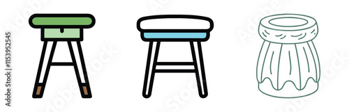 Set of Unique Stool Designs in Color and Line Art, Vector illustration of three unique stool designs, including colorful and line art styles, featuring creative shapes for modern furniture concepts.
