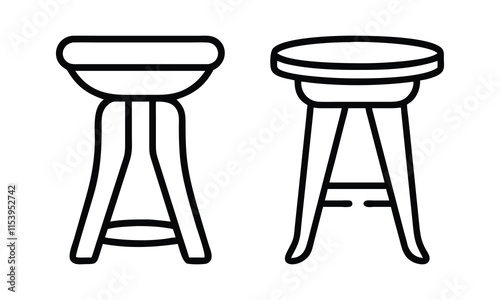Minimalist Stool Designs in Line Art, Black and white line art illustration of two stools with curved legs and round seats, showcasing simple and elegant furniture designs.
