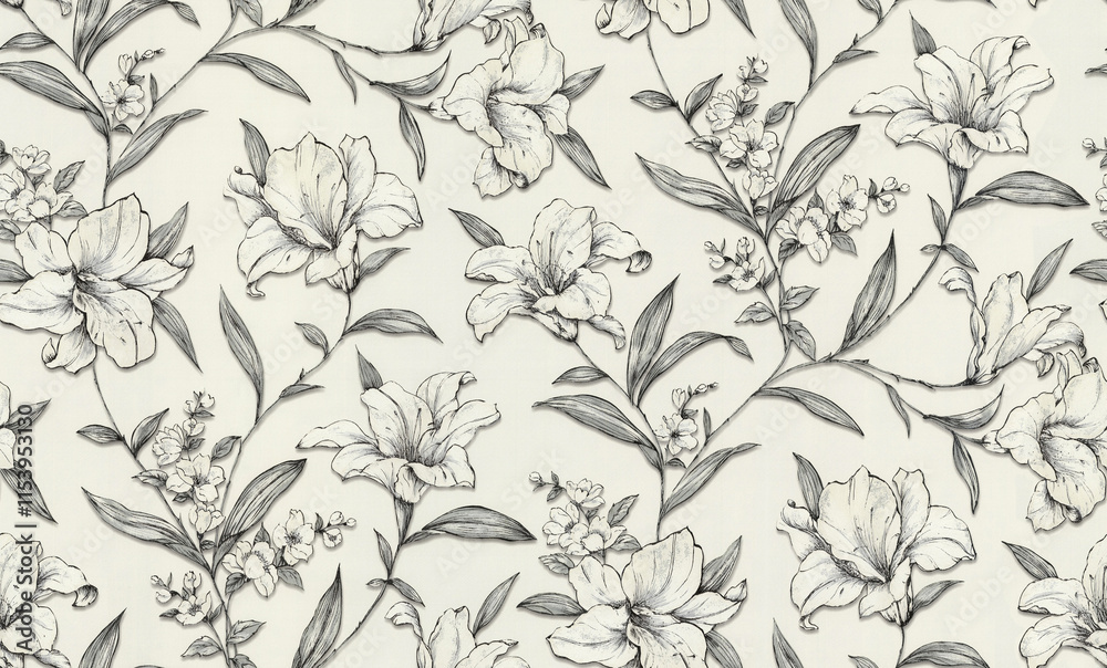 Fototapeta premium Dusty light Floral seamless pattern Flower background Floral tile ornamental texture with flowers Spring flourish garden For light leaf and white flower.