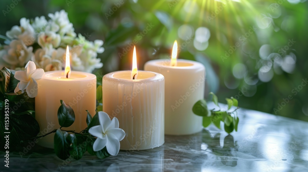 Lit candles on a marble surface with a soft-focus background of green foliage and flowers. Lit candles on a marble surface with a soft-focus background of green foliage and flowers.