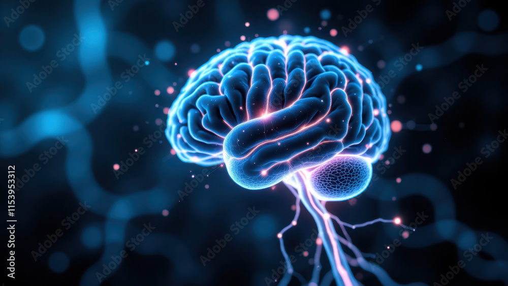 Neon-colored illustration of a human brain with highlighted neurons representing Vagus Nerve Stimulation (VNS) for medical or scientific purposes.