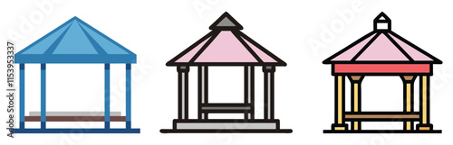 Colorful Gazebo Designs Vector Illustration, Vector illustration featuring three colorful gazebo designs, showcasing unique architectural styles for outdoor spaces and garden decor.
