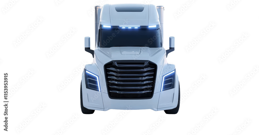 Isolated view of the front right corner of a modern white European-style cargo truck. Isolated view of the front right corner of a modern white European-style cargo truck.