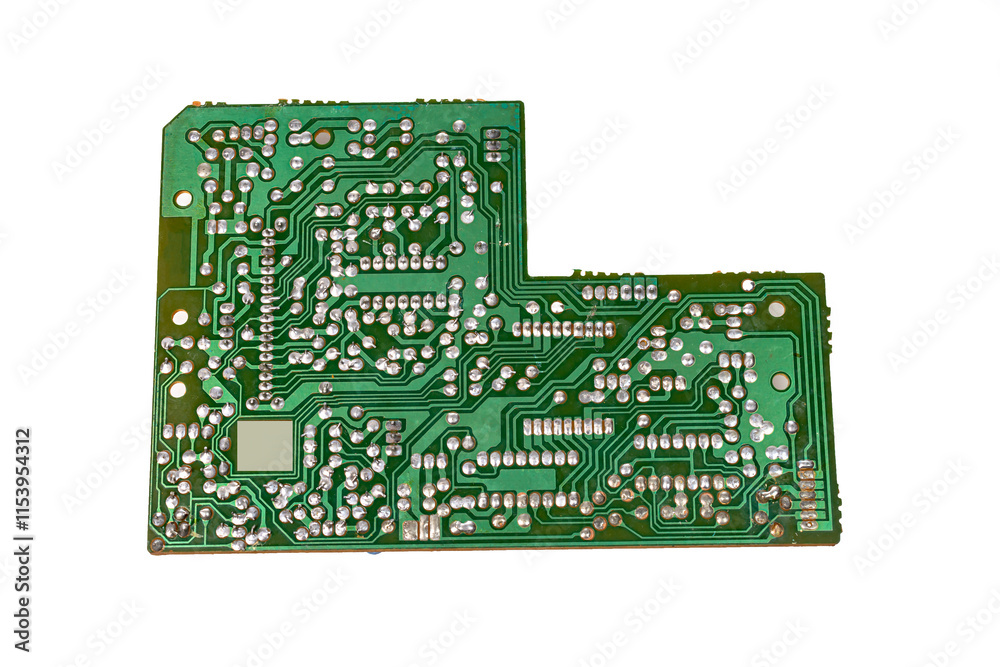 Electronic board with radio components, connectors, slots and processor chip from an electronic device, Top view close-up Electronic board with radio components, connectors, slots and processor chip from an electronic device, Top view close-up