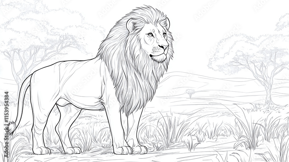 Obraz premium Lion animal coloring book page illustration. outline character sketch drawing, africa safari nature wildlife wild cat predator, king doodle art print.