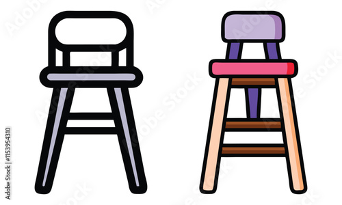 High Stool Vector Illustration in Two Styles, Vector illustration of two high stools, one in a black outline style and the other in vibrant colors, showcasing modern designs.
