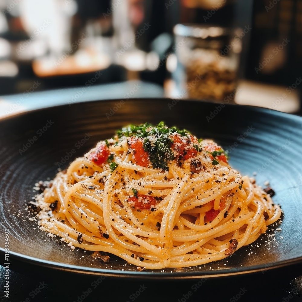 Delicious Plate of Pasta Topped With Fresh Tomatoes and Herbs Served in a Modern Restaurant Setting at Dinner Time Delicious Plate of Pasta Topped With Fresh Tomatoes and Herbs Served in a Modern Restaurant Setting at Dinner Time
