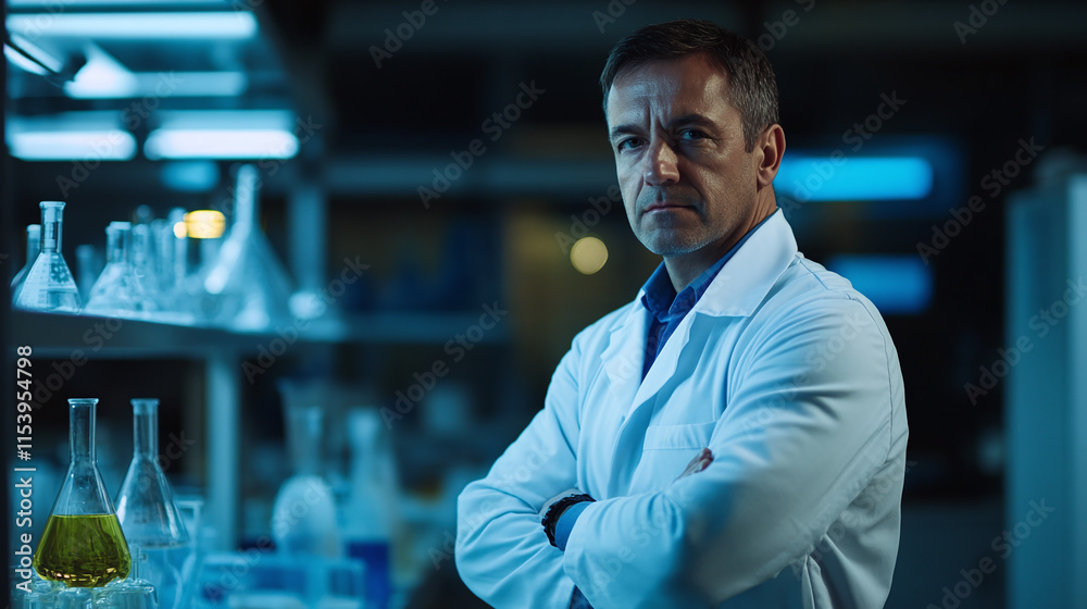 Fototapeta premium Portrait of middle-aged scientist man standing in a laboratory, copy space. professional chemistry experiment and research analysis.