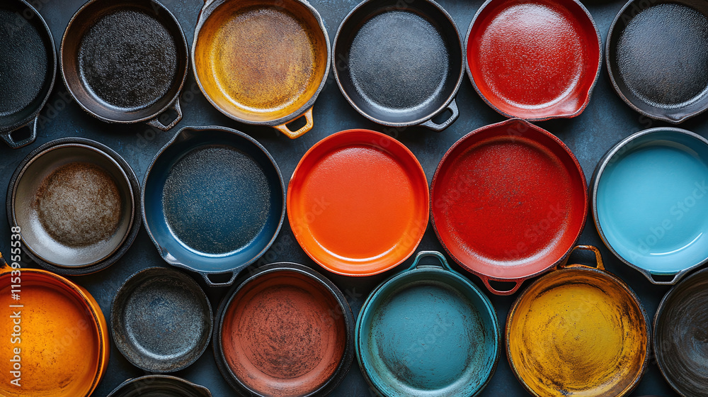 Top above view of many frying pans of different colors. metal kitchenware cooking utensil with handle, steel iron domestic home equipment. Top above view of many frying pans of different colors. metal kitchenware cooking utensil with handle, steel iron domestic home equipment.