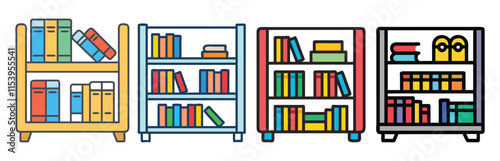 Colorful Bookshelf Vector Illustration Set, Vector illustration of four colorful bookshelves filled with books, showcasing various designs and styles for organized storage and decor.
