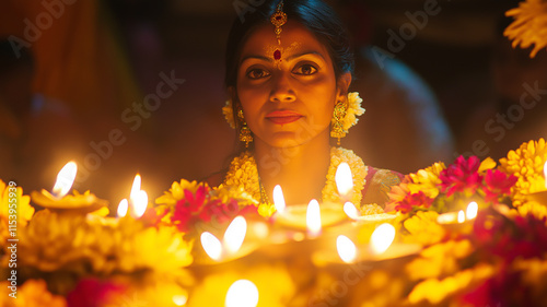 Hindu woman performing aarti during the Navratri festival, surrounded by vibrant flowers and candles photo