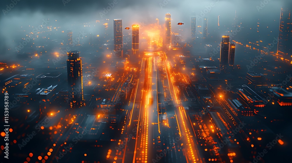 Obraz premium Futuristic city at night, aerial view, orange glow, smog, flying vehicles.