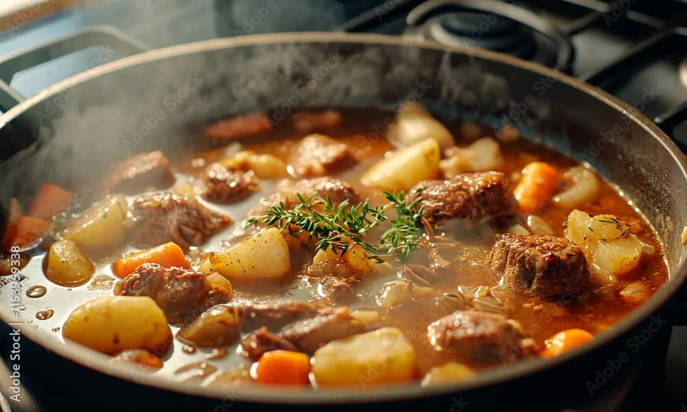 Beef Stew Cooking in Pan, Hot Delicious Meal Beef Stew Cooking in Pan, Hot Delicious Meal