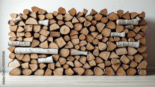 A neatly stacked pile of firewood logs against a white wall  ideal for rustic home decor or winter themes.