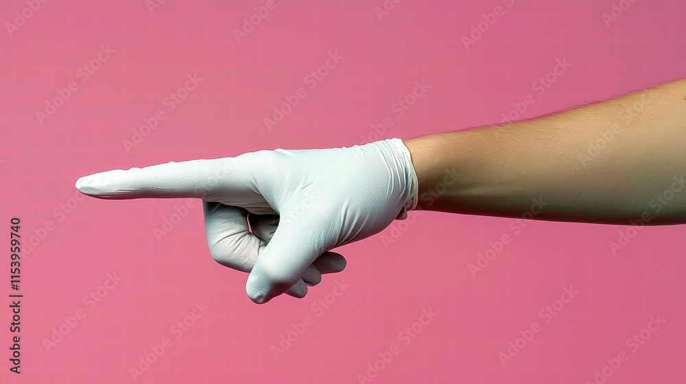 A gloved hand points assertively against a vibrant pink backdrop. A gloved hand points assertively against a vibrant pink backdrop.