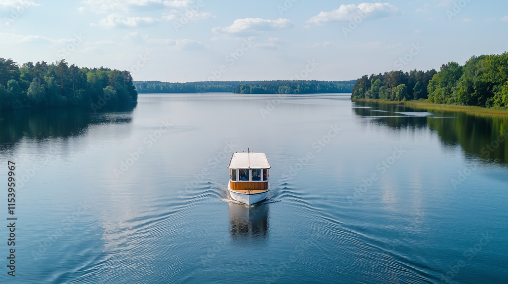 Serene Lake Cruise: A small, elegant boat glides across a calm lake, surrounded by lush greenery and a tranquil sky. The image evokes a sense of peace and escape. Serene Lake Cruise: A small, elegant boat glides across a calm lake, surrounded by lush greenery and a tranquil sky. The image evokes a sense of peace and escape.