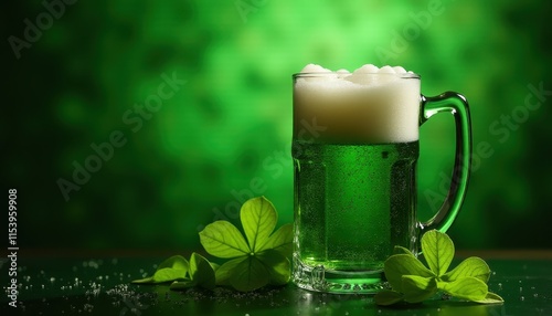 Glass of green beer with shamrock. For St. Patrick's day, festival ads. photo