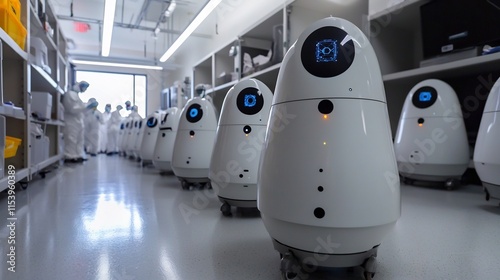 A team of scientists using AI powered robotic devices to monitor and prevent infections in a futuristic healthcare laboratory setting photo