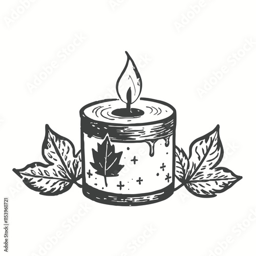 Rustic Vintage Wax Candle as Vector Image. Traditional Christian Symbol Decoration with Wood Leaf and Fire. Vector illustration