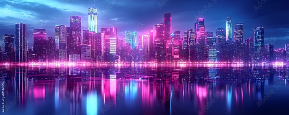 A futuristic neon skyline reflected on a glossy surface, glowing in magenta and blue. A futuristic neon skyline reflected on a glossy surface, glowing in magenta and blue.