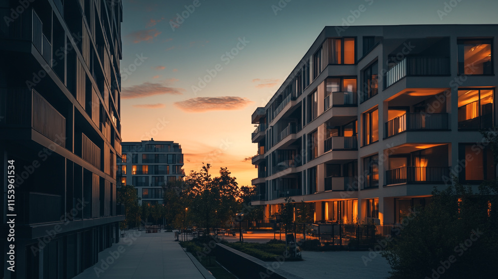 Sunset over modern apartment buildings with glowing windows in an urban landscape Sunset over modern apartment buildings with glowing windows in an urban landscape