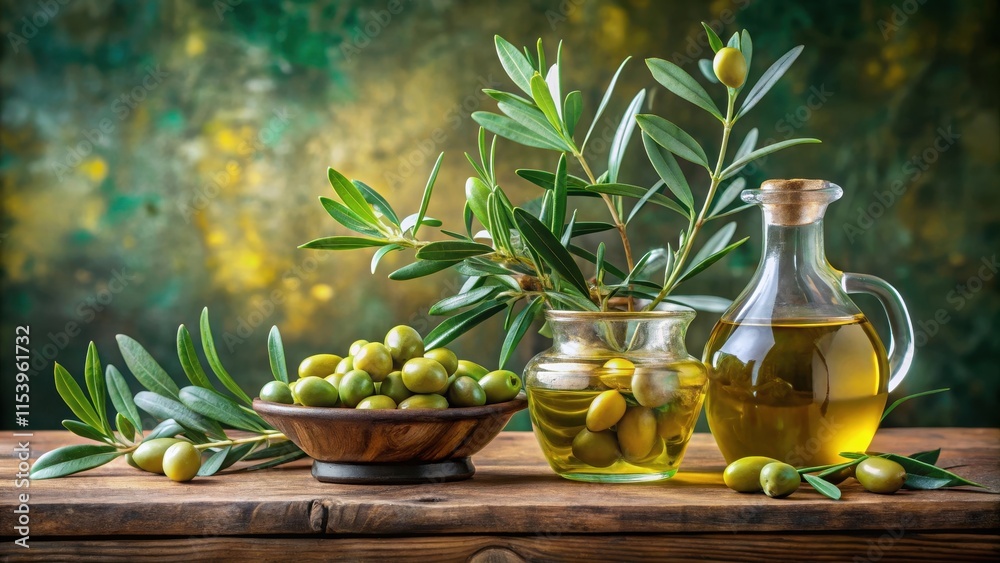 Olive tree branch in a glass vase with green olives and olive oil bottles, Extra virgin olive oil Olive tree branch in a glass vase with green olives and olive oil bottles, Extra virgin olive oil
