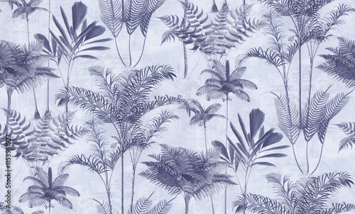 Blue Vintage seamless pattern with tropical palms Plants in linear style Vector botanical illustration. Foliage design for wallpaper, textile, wrapping paper,