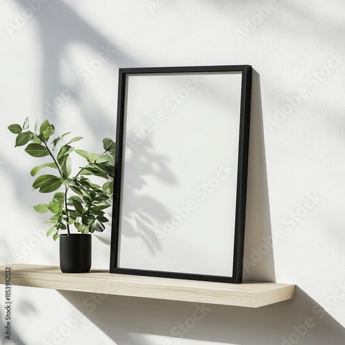 Wallpaper Mural Bright and Minimalistic Indoor Shelf Displays a Black-Framed Picture Frame and a Small Potted Plant Beside a Shadowy Wall in the Afternoon Sunlight Torontodigital.ca