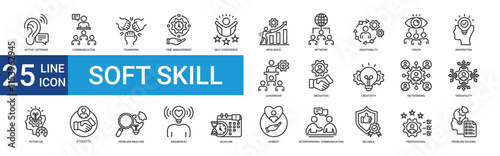 Soft sklill icon collection set with active listening, communication, teamwork, time management, self confidence