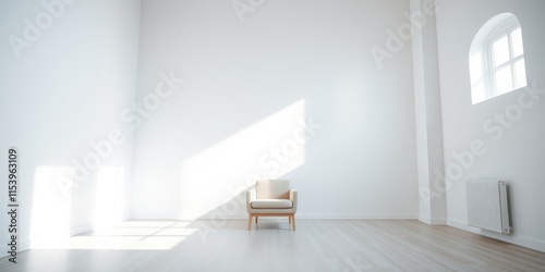 A minimalist room with sunlight streaming through a window, illuminating a single light beige armchair on a light wood floor
