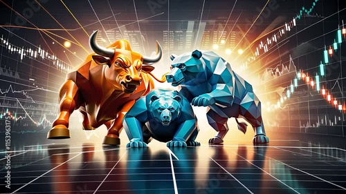 Bull and Bear Market Concept with Abstract Figures on Digital Stock Exchange Background and Financial Graphs

 photo