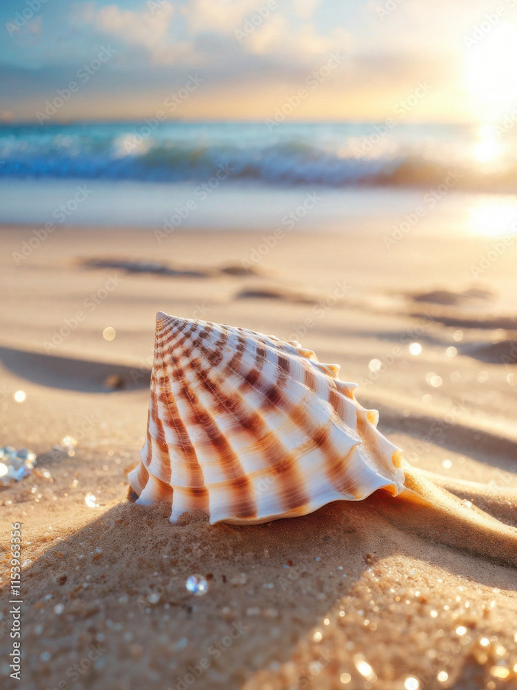 A seashell resting on golden sand with soft waves and a blue ocean in the background, capturing the essence of a peaceful seaside moment. Generative AI A seashell resting on golden sand with soft waves and a blue ocean in the background, capturing the essence of a peaceful seaside moment. Generative AI