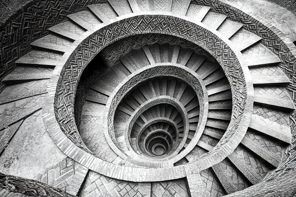 Fototapeta premium spiraling staircase viewed from above with intricate patterns created by descending steps
