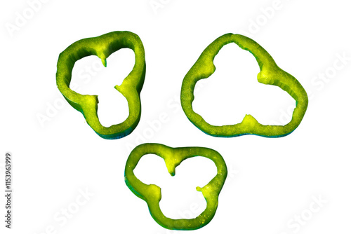 Green pepper slices isolated on a transparent background. Fresh and healthy pepper slices for food, diet and cooking design elements. PNG, Cut out