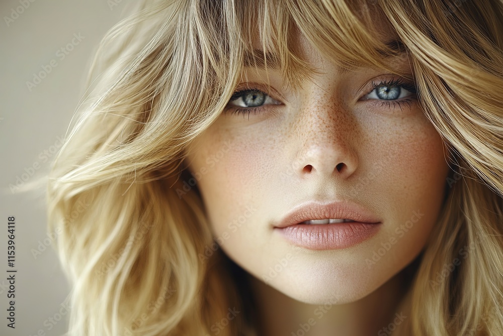 close-up of layered bangs framing face under soft studio lighting with blurred neutral background close-up of layered bangs framing face under soft studio lighting with blurred neutral background