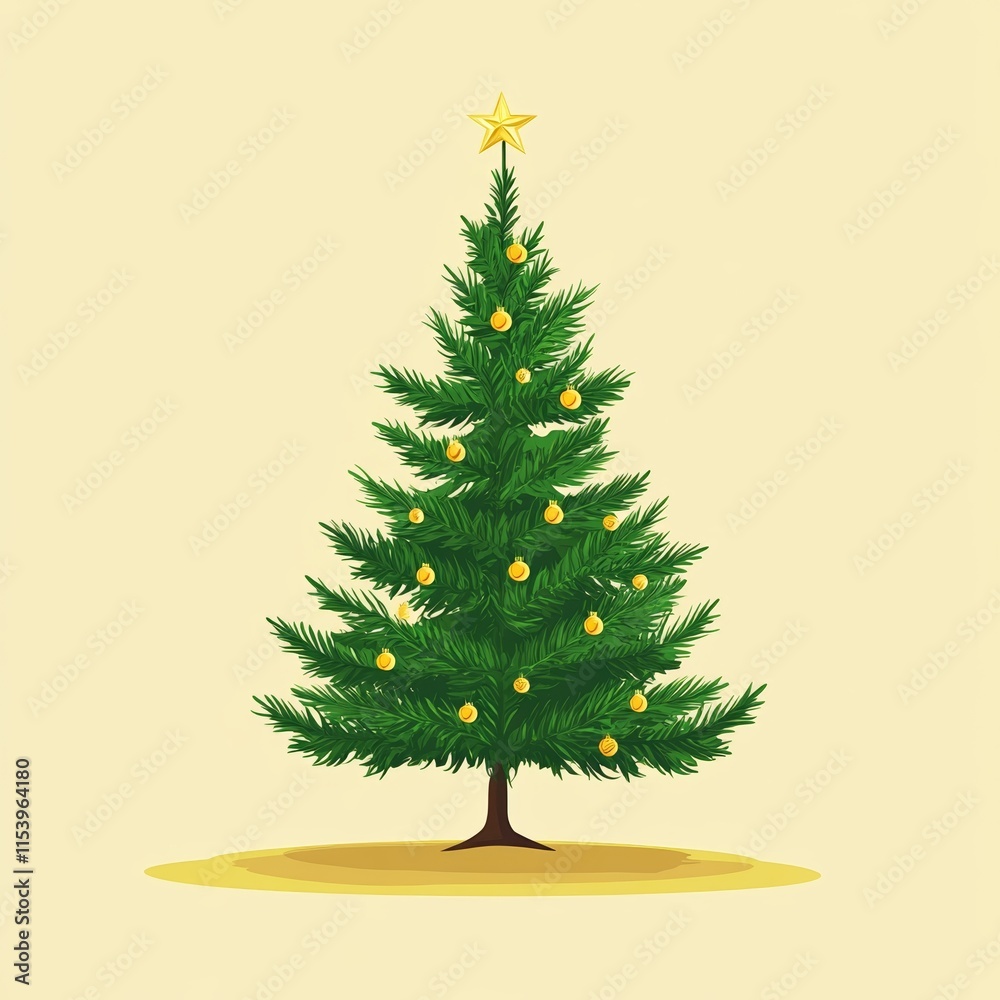 Naklejka premium Simple Christmas Tree with Gold Star and Ornaments
