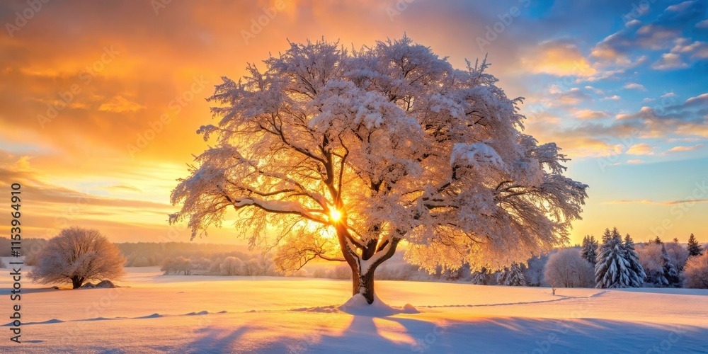 A snow-covered tree stands proudly in a winter wonderland, its branches heavy with the weight of fresh powder, as the sun sets behind it in a warm orange glow , frosty mornings, snowfall A snow-covered tree stands proudly in a winter wonderland, its branches heavy with the weight of fresh powder, as the sun sets behind it in a warm orange glow , frosty mornings, snowfall