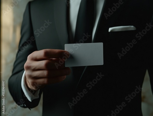 Suave Business Suit with Pocket Square and Handheld Card photo