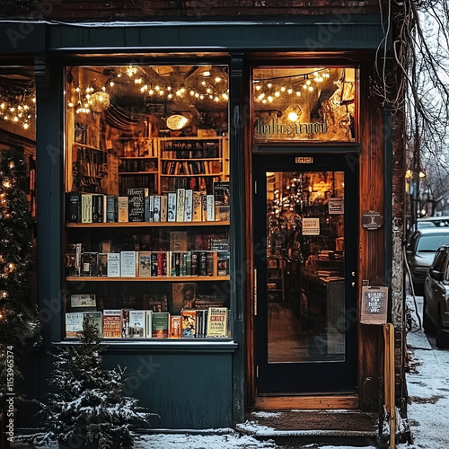 cozy bookshop front with warm lights and welcoming atmosphere, perfect for book lovers