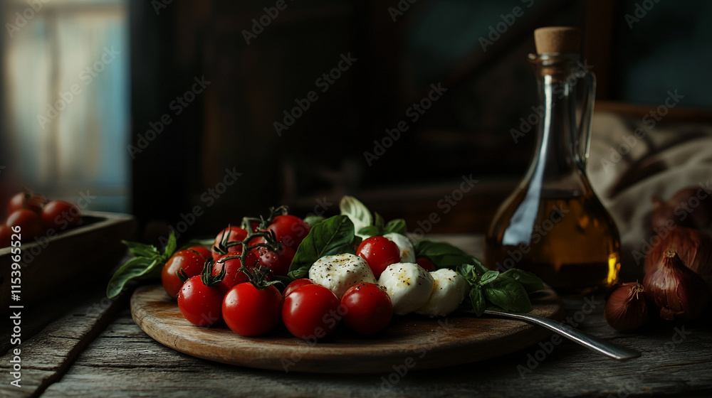 Fresh tomatoes and mozzarella with basil on a rustic wooden table in a cozy kitchen setting