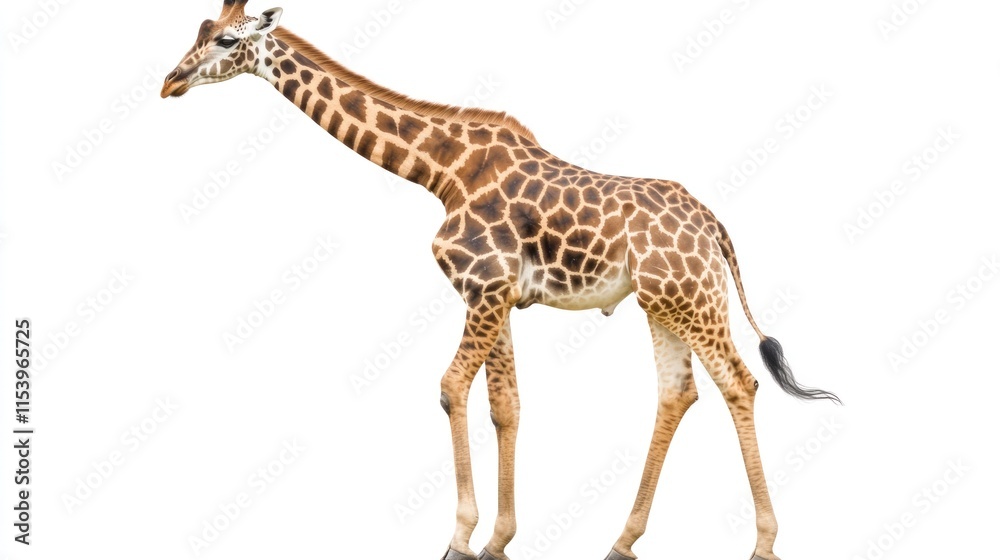 Naklejka premium A giraffe stands against a white background.