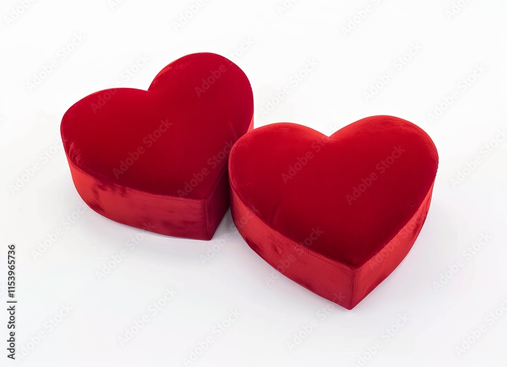 Fototapeta premium Three red heart-shaped velvet ring boxes on a white background, top view red heart on a white background