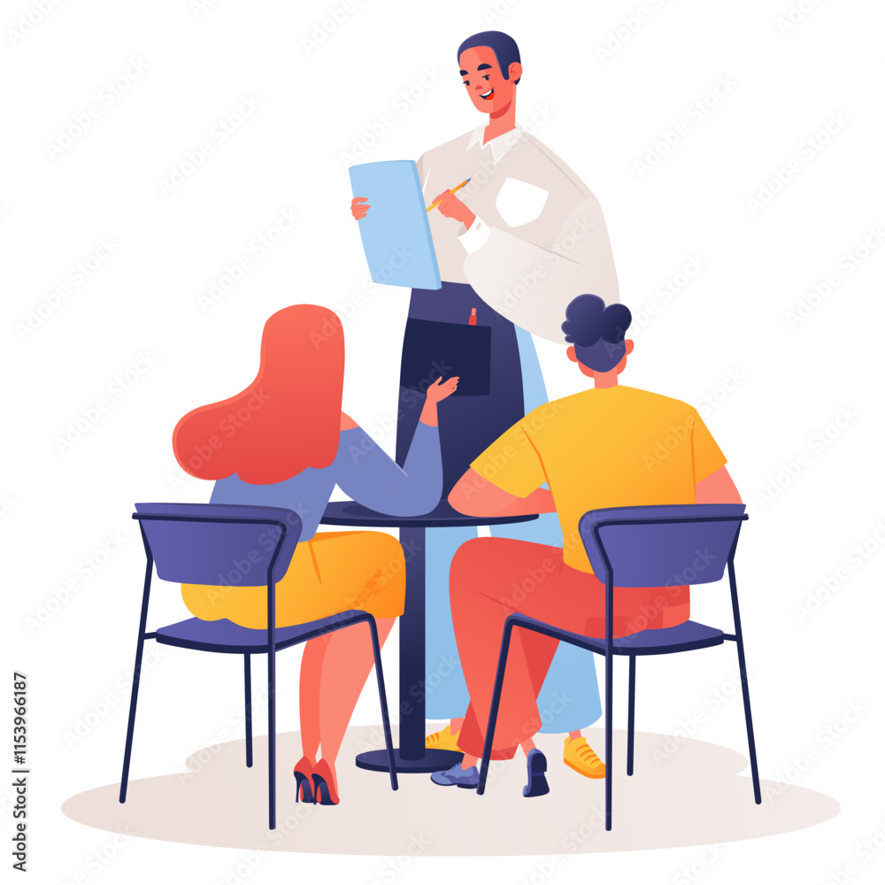 Fototapeta premium Are you ready to make order? Vector hand drawn illustration of cafe, restaurant. Couple itting at table and voice their wishes to waiter after choosing items from menu. Waiter smiles writes down order