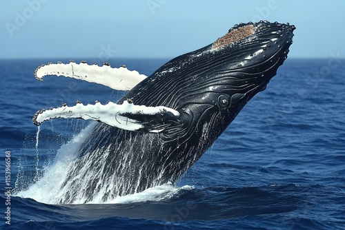 majestic humpback whale breaching surface of ocean creating huge splash of water photo