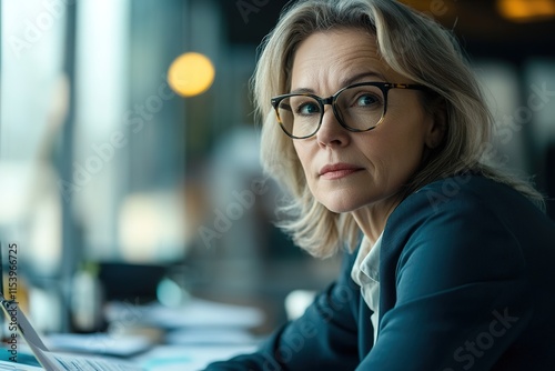 middle-aged businesswoman with glasses working on financial reports at her desk photo