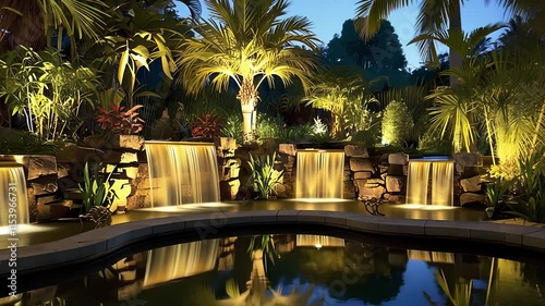 Illuminated Tropical Garden with Waterfalls and Reflections in a Tranquil Pond at Night

 photo