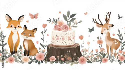 Cute woodland animals and cake in floral setting.